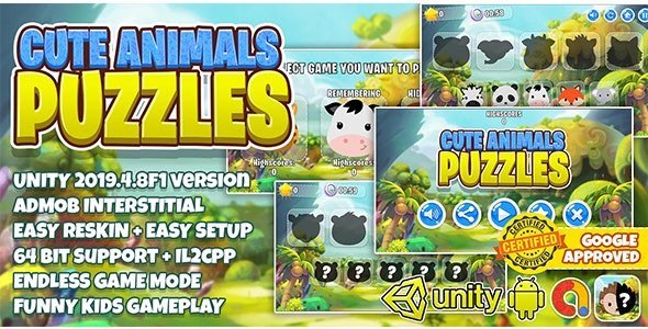 Cute Animal Puzzle Kids : Unity3D + Admob Ads + Easy Reskin
